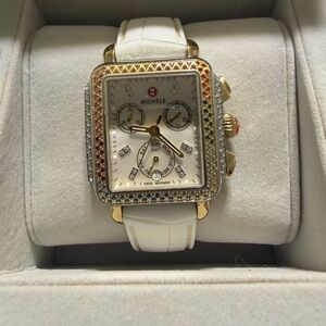 Michele White and Gold Watch with Multicolor Accents